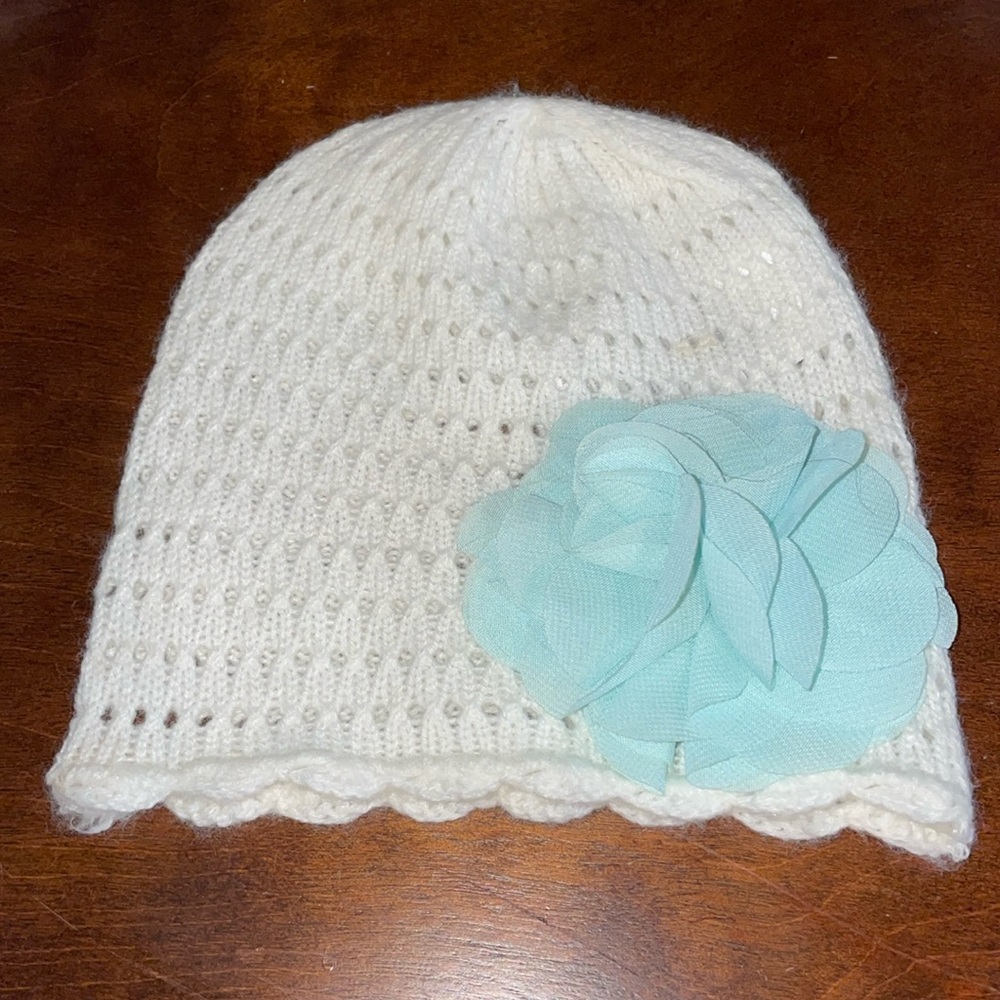 Carter’s Baby Girl White Knit Beanie Hat with Aqua Blue Flower 3-9 Months